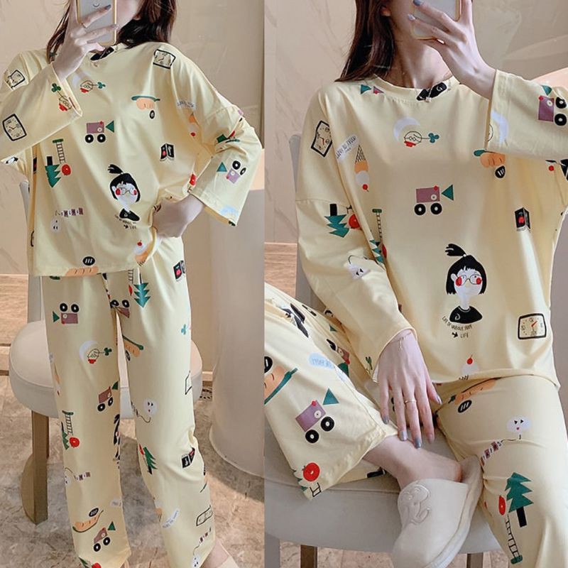 Bộ Đồ Mặc Nhà 2 Món Dài Tay Form Rộng Họa Tiết Hoạt Hình Đáng Yêu