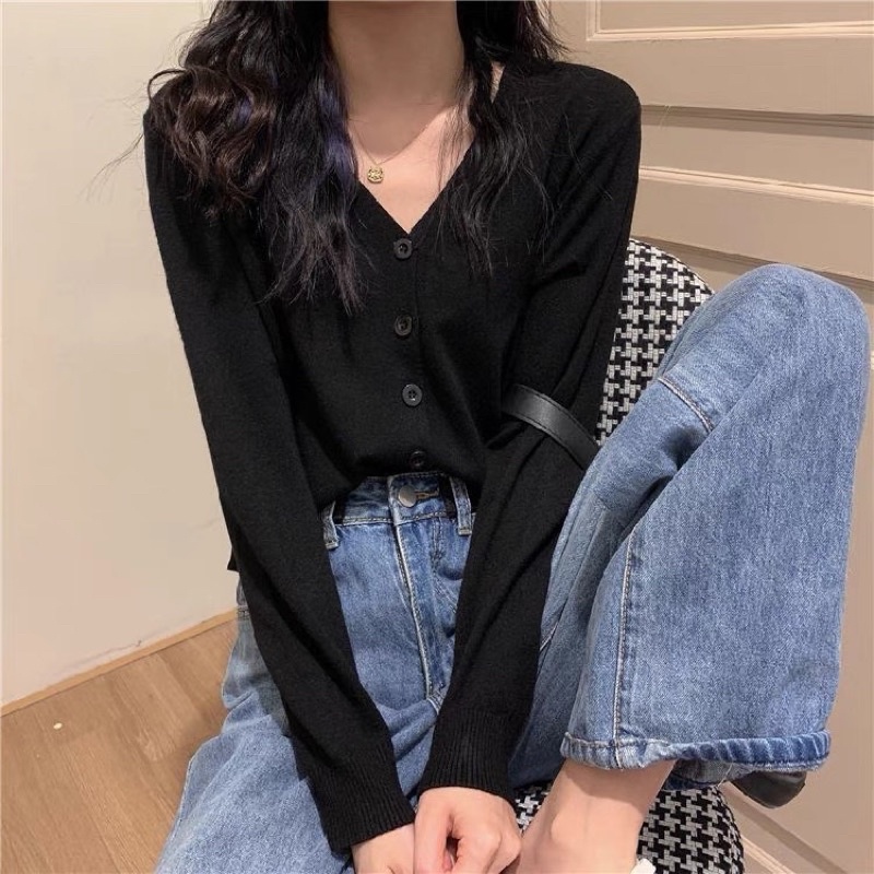 Áo khoác Cardigan Len đan mỏng Cổ tim Dài tay Màu trơn Ulzzang Hàn Quốc Áo Cardigan nữ Tay dài  Thời trang