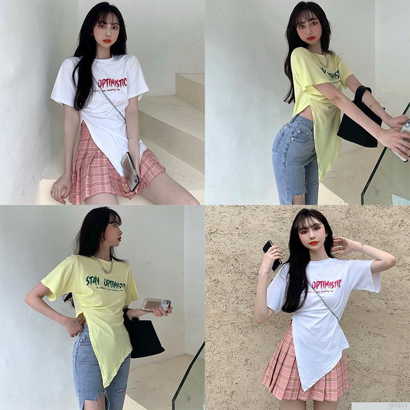 Áo thun ngắn tay cổ tròn in chữ phong cách hàn quốc dành cho nữ