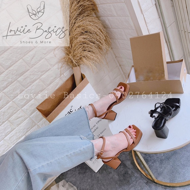 LOVIIE BASICS - GIÀY SANDAL CAO GÓT NỮ THỜI TRANG HAI QUAI  DÂY GÀI ĐẾ VUÔNG ĐÚP TRƯỚC 7CM 4MÀU ĐEN KEM TRẮNG BÒ G200904