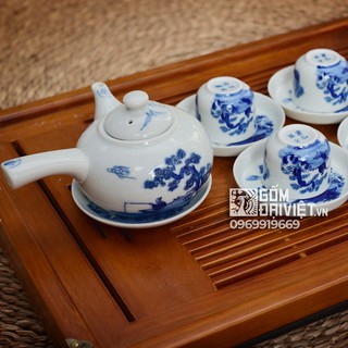 Bộ ấm chén men lam cổ Bát Tràng quai ngang ông lão đánh cá