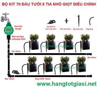 Bộ tưới cây tự động 70 đầu tưới gốc 8 tia dùng PIN điều chỉnh nhỏ giọt phun nước tưới rau, cây cảnh sân thượng, ban công