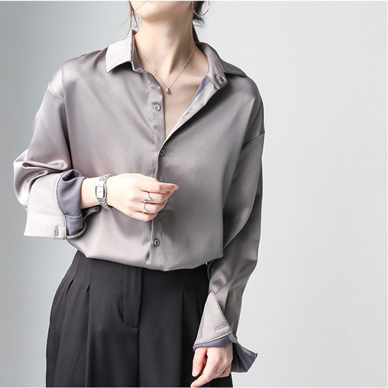 Áo sơ mi lụa nữ trơn satin kiểu công sở Hàn Quốc dài tay thụng bigsize Quảng Châu cao cấp M-2