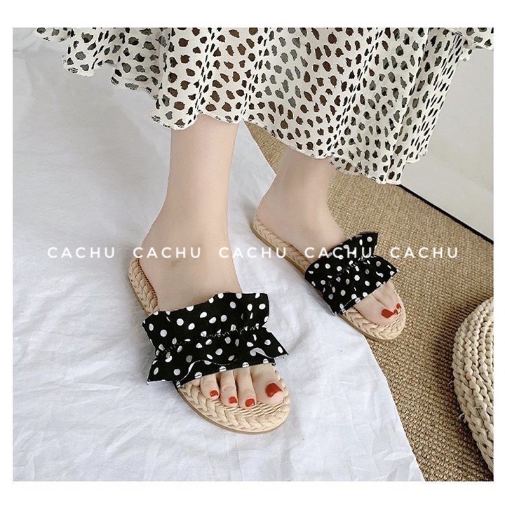 Dép quai ngang nữ đẹp hot trend 2021 giả cói chấm bi giá rẻ CACACHU D002 đi chơi đi biển thời trang