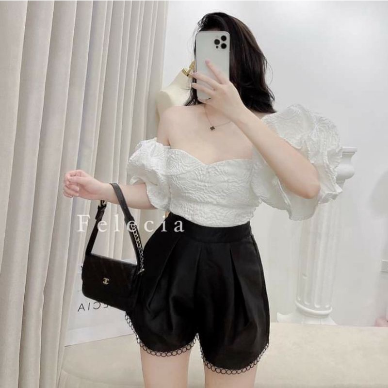 💢 Áo trễ vai cúp ngực gấm tay xòe 💥