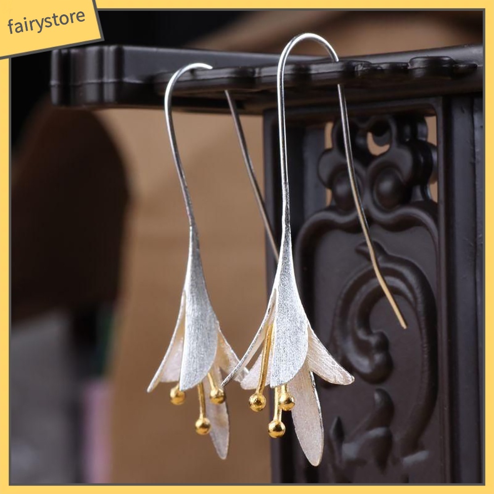 Bông tai dáng dài mặt hình hoa lily thời trang phong cách vintage