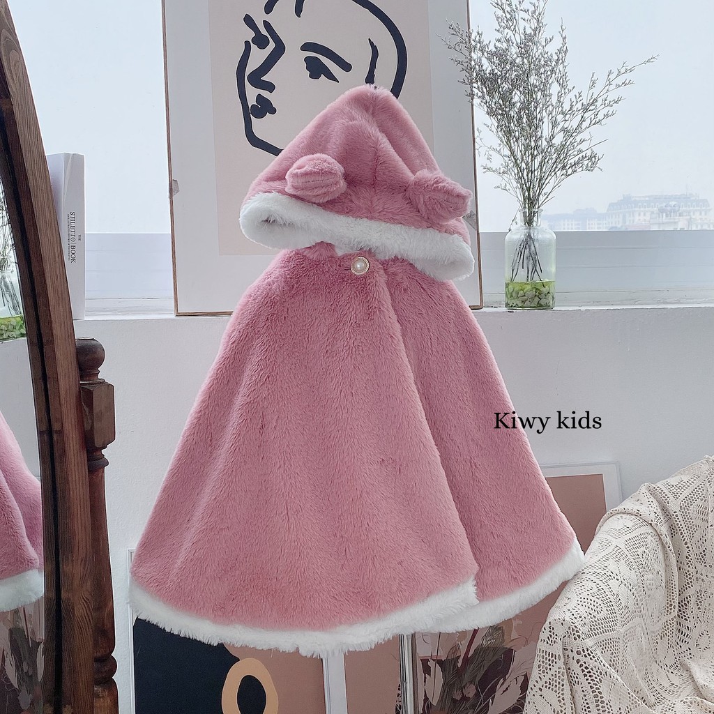 Áo choàng bé gái Kiwy Kids chất liệu lông thỏ có mũ tai gấu đáng yêu Kids46-2154 cho bé 9 tháng đến 6 tuổi