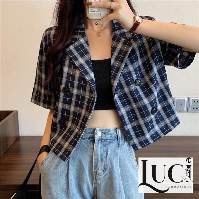 Áo khoác nữ ngắn tay/ Blazer nữ ngắn tay caro xanh