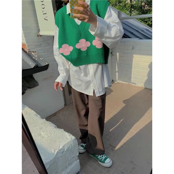 Áo gile len xanh lá hoa