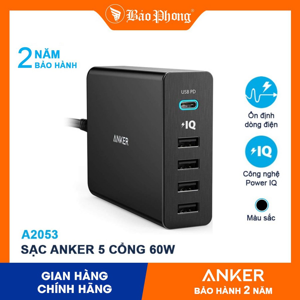 Sạc nhanh Anker 5 cổng 60w PD USB C Power Deliver A2053 cho iPhone iPad Samsung Macbook Laptop IP x xmax 11 12 pro max