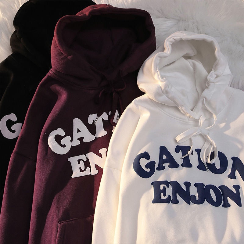 Áo hoodie chữ tiếng anh oversize màu đỏ rượu kiểu Mỹ phong cách retro thời trang thu đông mới cho người yêu thương hiệu
