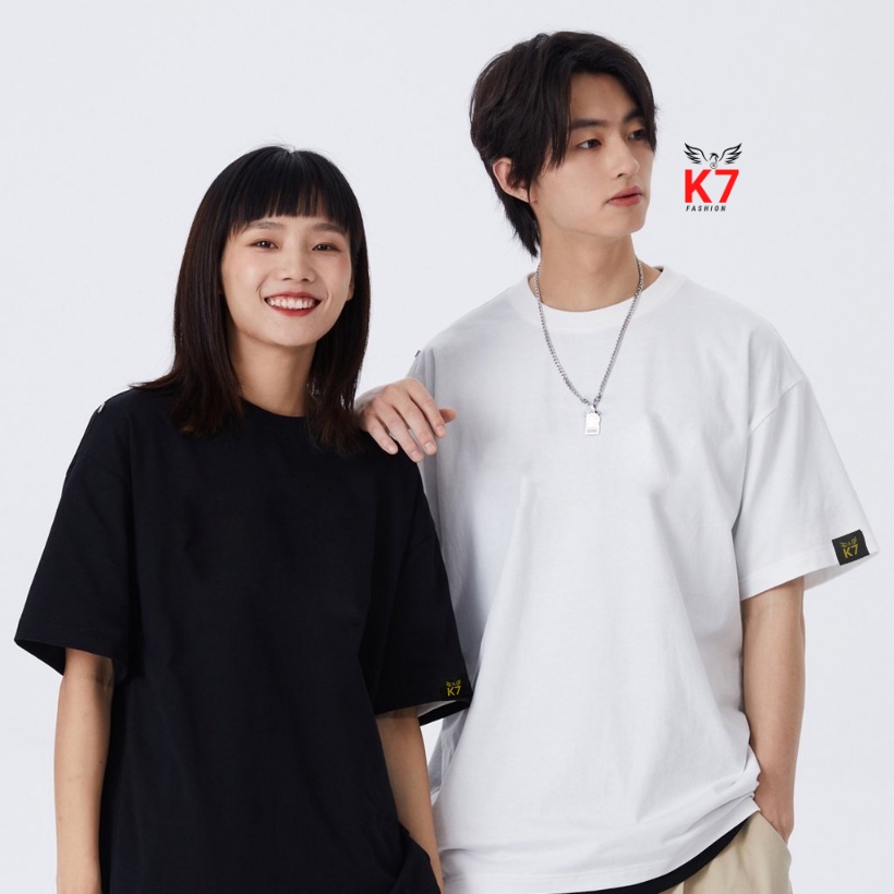 Áo thun tay lỡ nữ nam trắng đen trơn K7 100% cotton oversize form rộng thoáng mát dày dặn