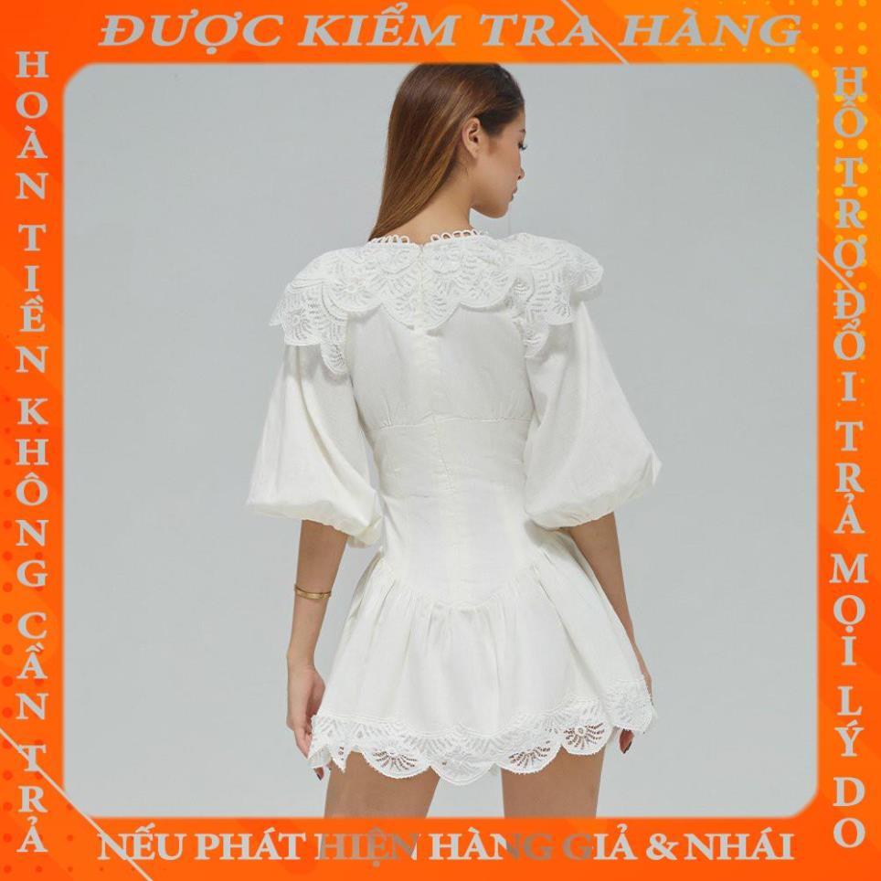 DEAR JOSÉ - Đầm xòe ngắn cổ V phối ren tay lửng Make Me Sway trắng qphat