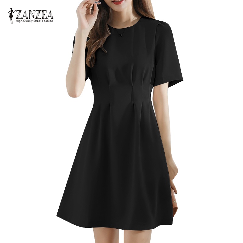 Đầm Zanzea dài ngang gối tay ngắn cổ tròn phong cách Hàn Quốc thanh lịch dành cho nữ