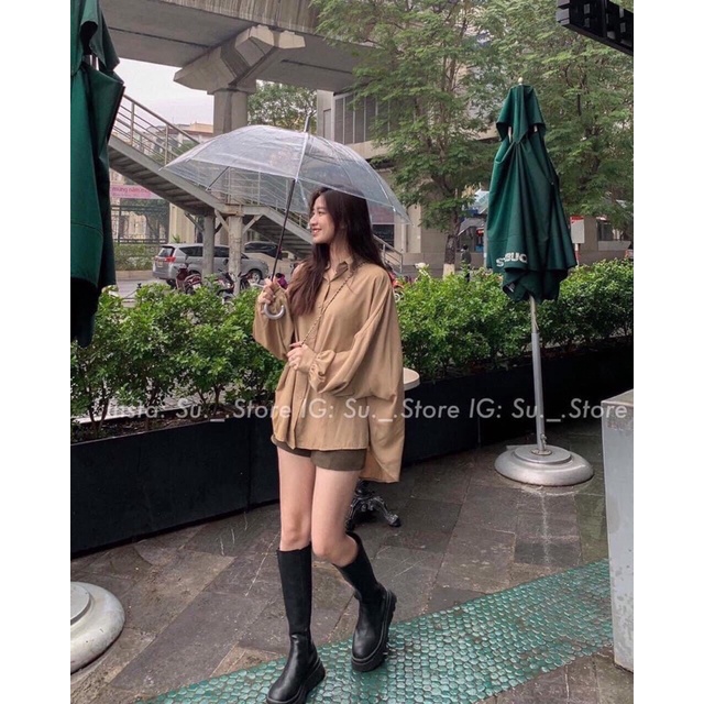 Áo sơ kiểu kiểu nữ Anhribi, Áo sơ mi lụa cổ đức tay bồng dáng dài cách điệu phong cách đơn giản