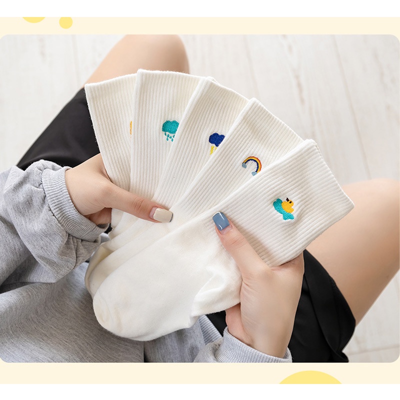 Tất vớ cổ cao nữ trắng nhún phong cách Nhật Hàn thêu hình thời tiết dễ thương chất liệu cao cấp hợp mùa hè HANASO TD051