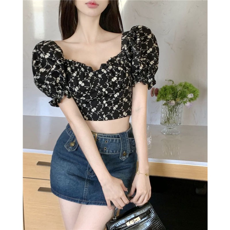 Áo kiểu COZOKC tay phồng cổ vuông họa tiết hoa xinh xắn