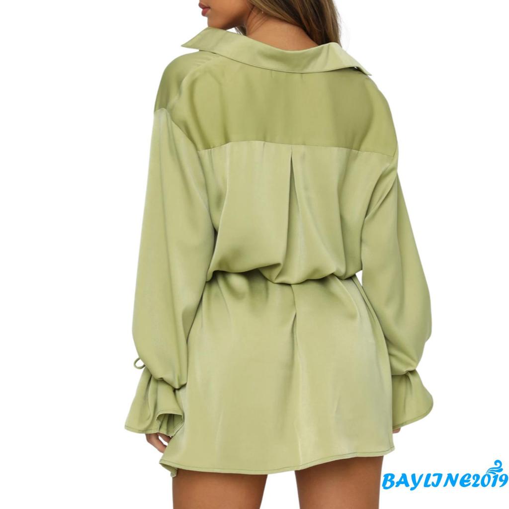 BAY-Đầm sơ mi cổ bẻ tay loe màu trơn cột dây một hàng nút thời trang mùa hè cho nữ 5 màu tùy chọn