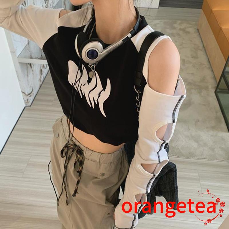 Áo Croptop Tay Dài Cổ Tròn Thiết Kế Khoét Quyến Rũ
