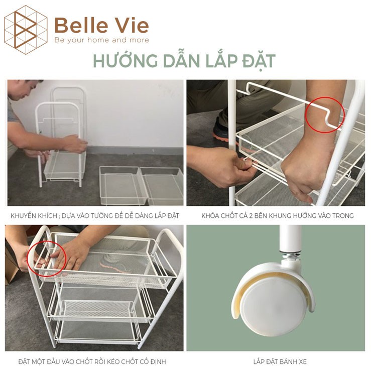 Kệ Sắt Đa Năng 4 Tầng BELLIVE Kệ Đa Năng Khay Lưới Sơn Tĩnh Điện Có Bánh Xe Tiện Lợi