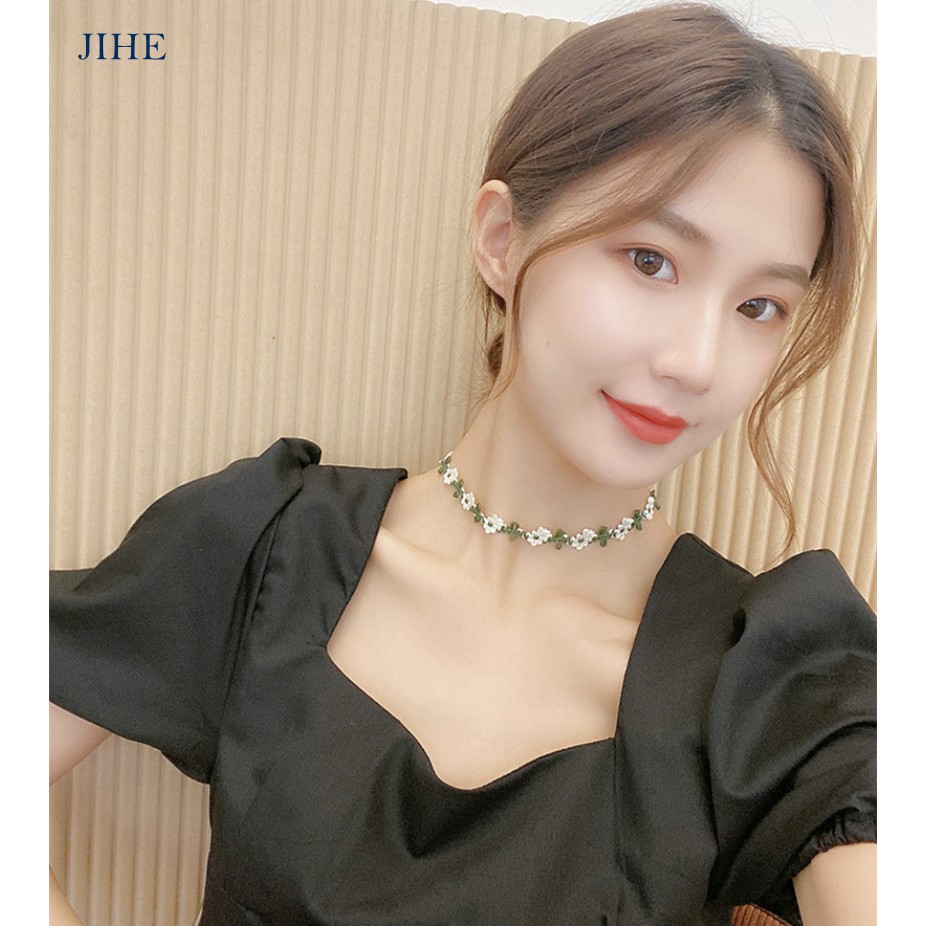 【JIHE】Vòng cổ choker dệt màu xanh lá cây phối ren