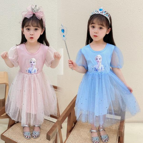 〄 Xmk Đầm Tutu tay phồng hình công chúa Elsa Frozen màu xanh dương và hồng cho bé gái