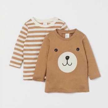 Áo thun bé unisex H&M KIDS xuất xịn thun cotton cổ tròn tay dài in hình gấu, sọc ngang