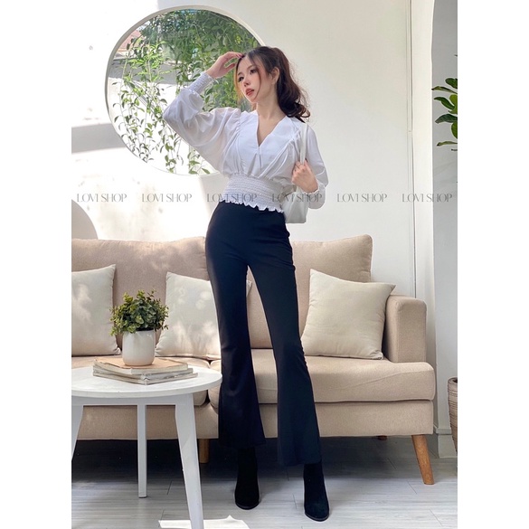 LOVI SHOP - Quần ống loe nữ khoá kéo hông thiết kế cao cấp hack chân tôn dáng 2 màu đen trắng chất vải Thun Mỹ Lovi