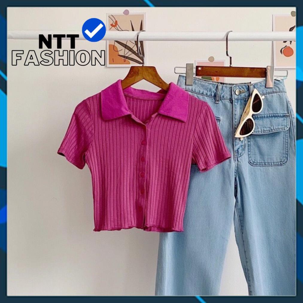 Áo Thun Croptop Nữ Ôm Có Cổ Màu Hồng Tím . .