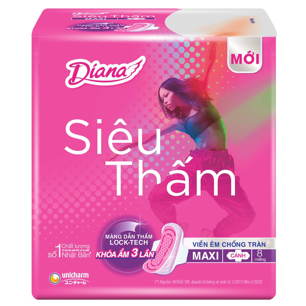 Băng vệ sinh Diana siêu thấm kiểm soát mùi Maxi có cánh 8 miếng