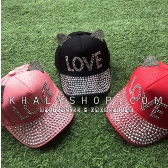 Nón kết trẻ em bé gái chữ Love tai 3D 2 màu đỏ, hồng đính nhiều hột lấp lánh siêu xinh
