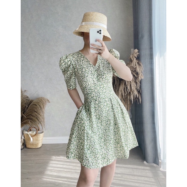 NEW!! Đầm xoè tay ngắn cổ tim váy xếp ly (2 lớp) - HÀNG THIẾT KẾ MAY DƯ