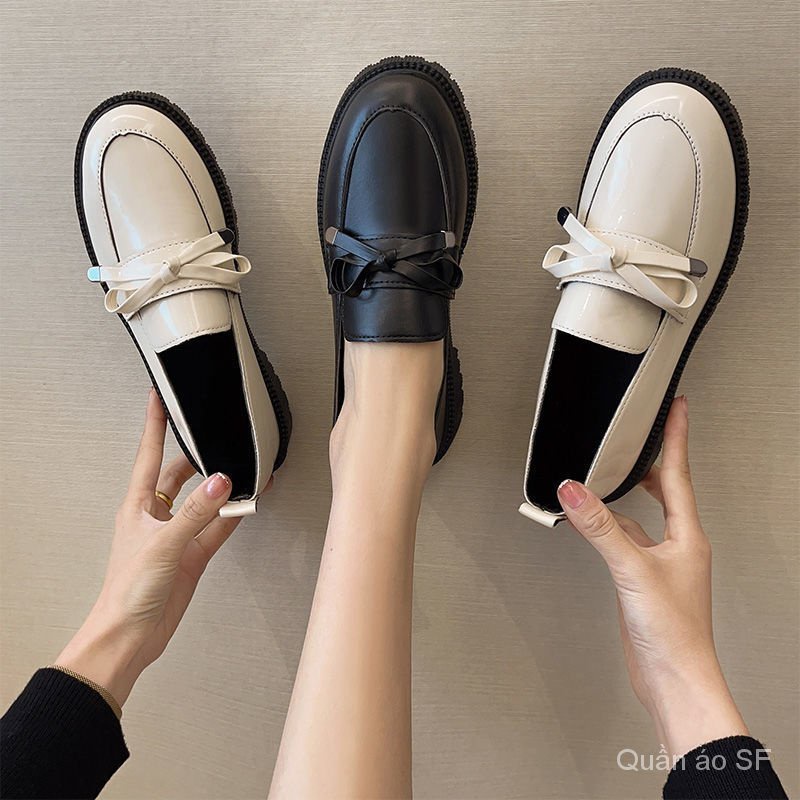 【Quần áo SF】British Shoes Female2021New Japanese Uniform Soft Leather Bow Patent Leather Loafers Nude Shoes