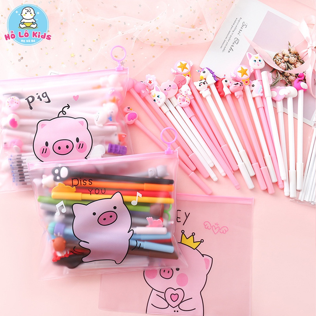 Set 20 bút bi cute mực nước mực xanh nhiều màu kèm túi Zip Hồ Lô Kids