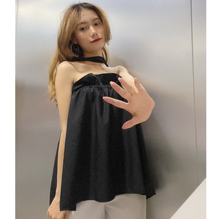Áo kiểu khoen tròn phối dây cổ mặc trước sau