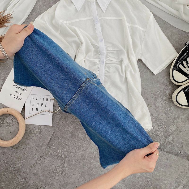 Set áo trắng + chân váy jean form A