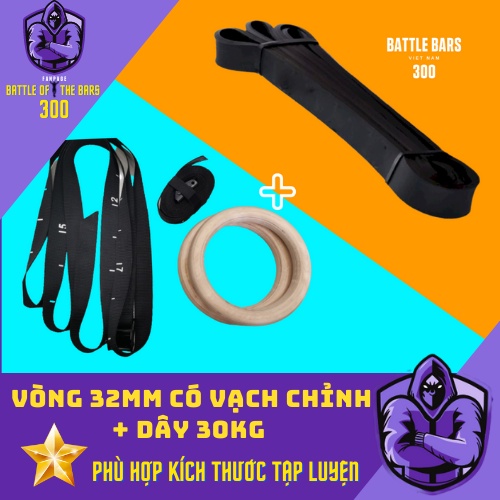 Combo Rings gỗ Bạch Dương 32mm &amp; Dây trợ lực cao su thiên nhiên 30kg (Dây ĐEN)