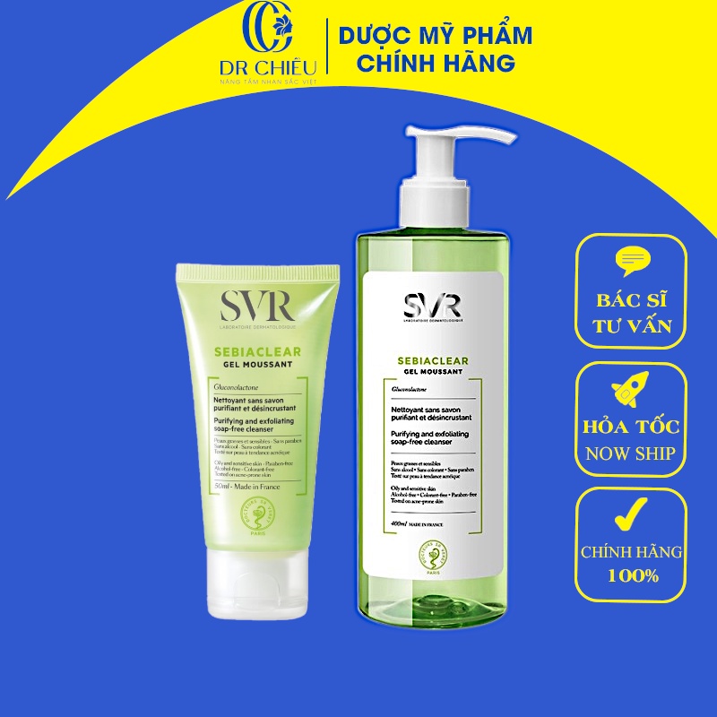 Sữa rửa mặt SVR Sebiaclear Gel Moussant ⚜️CHÍNH HÃNG⚜️Gel rửa mặt svr chứa PHA dành cho da hỗn hợp, da dầu mụn SVR 50ml