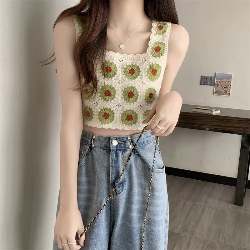 Áo len móc 2 dây bản to sát nách hình hoa hướng dương