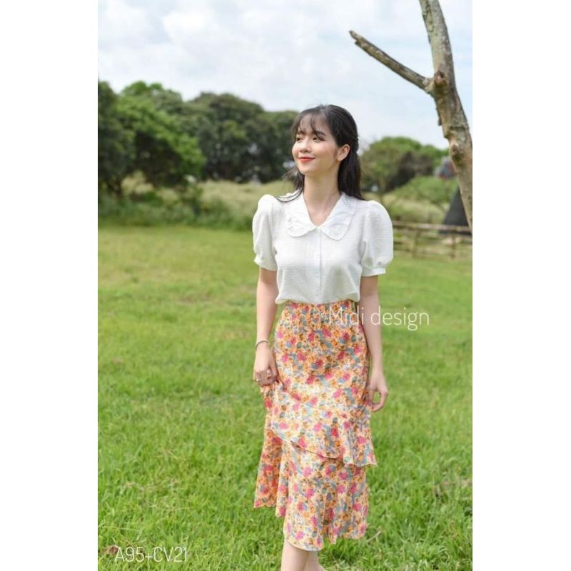 [ FREESHIP 50K ] - Set áo sơ mi trắng  chân váy xòe xếp ly hoa nhí