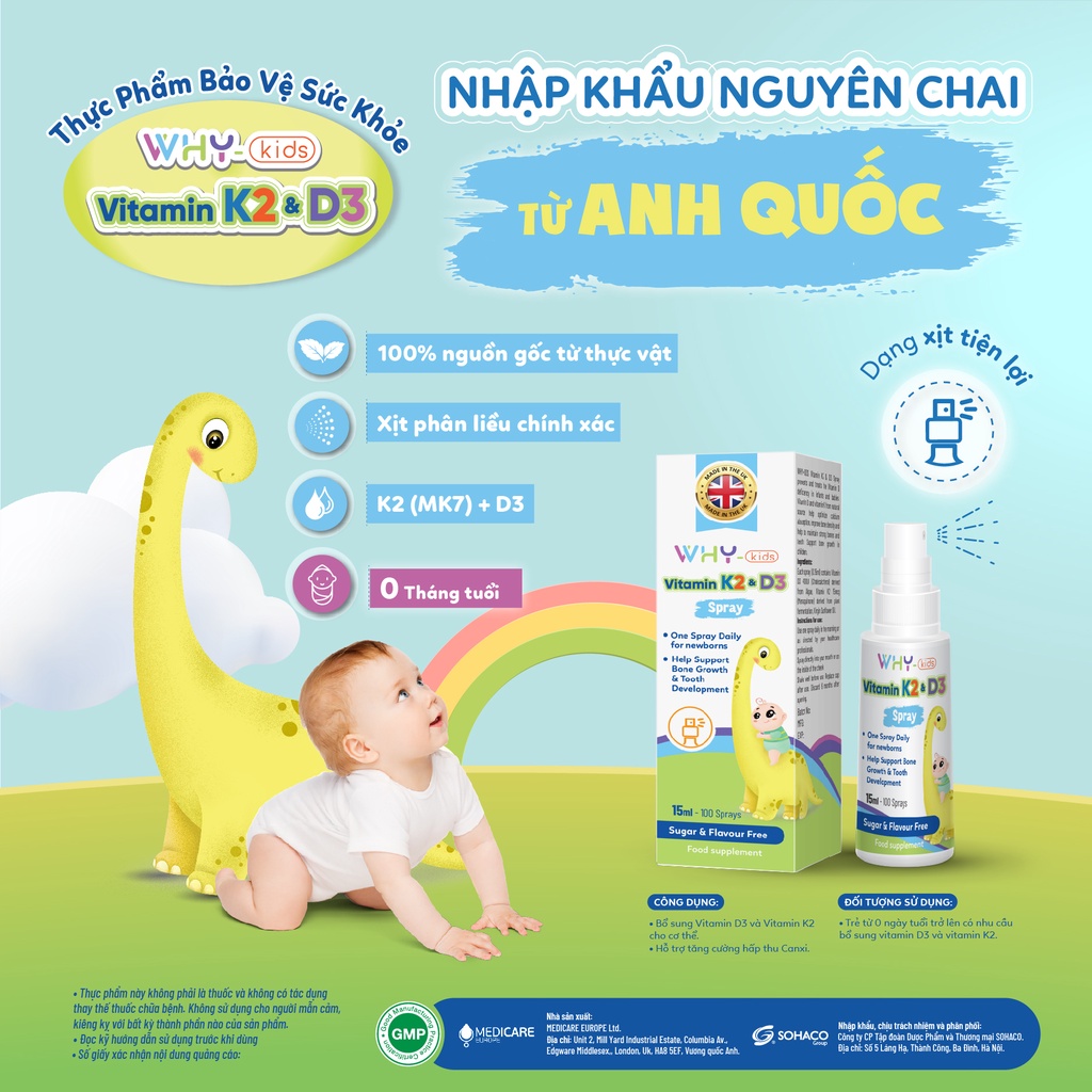 Chai xịt WhyKids bổ sung Vitamin D3 và K2 cho bé, tăng cường hấp thu Canxi hỗ trợ phát triển chiều cao 15ml