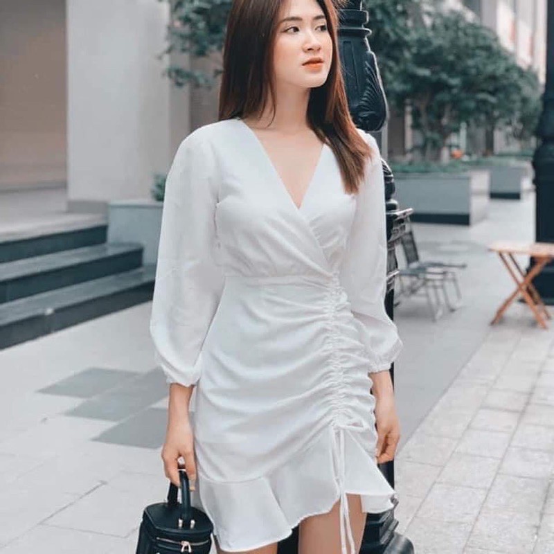 Đầm trắng đuôi cá dây rút tay dài siêu xinh | BigBuy360 - bigbuy360.vn