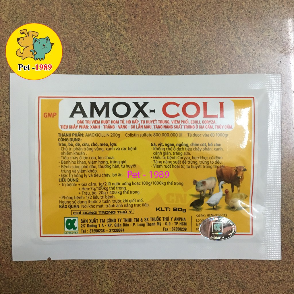 AMOX - COLI 20%. RUỘT HOẠI TỬ , HÔ HẤP , TỤ HUYẾT TRÙNG , VIÊM PHỔI, PXPT. Pet-1989