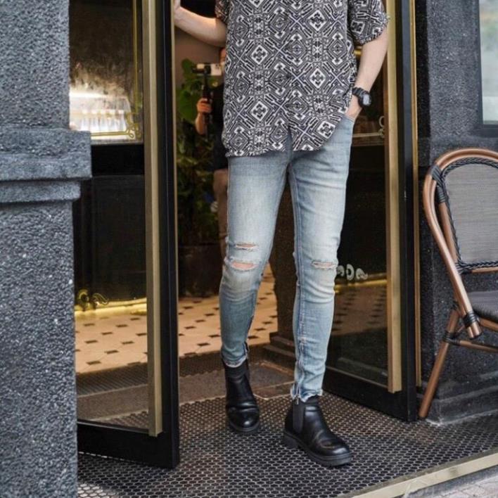 Quần jean nam Streetwear DATINO xanh rách gối form Skinny co giãn ống khóa Zipper, bền màu 🏅 i