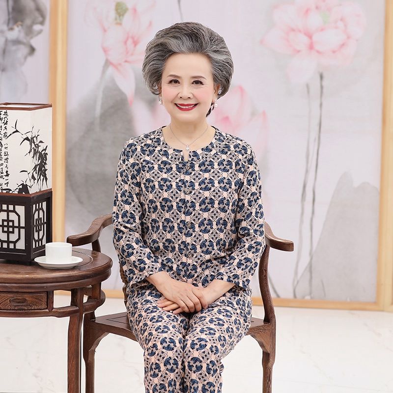 Bộ đồ ngủ dành cho người trung niên và cao tuổi của phụ nữ cotton lụa dài tay cho mẹ và bà ở nhà mùa phục vụ bộ đồ rayon | BigBuy360 - bigbuy360.vn