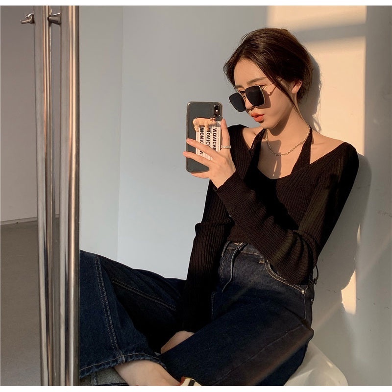 Áo dệt kim tay dài cổ chữ V màu trơn thời trang cho nữ