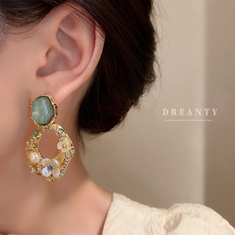 Bông Tai Xếp Li Bằng Bạc Họa Tiết Hoa Đính Ngọc Trai Thời Trang Phong Cách Âu Mỹ Cho Nữ