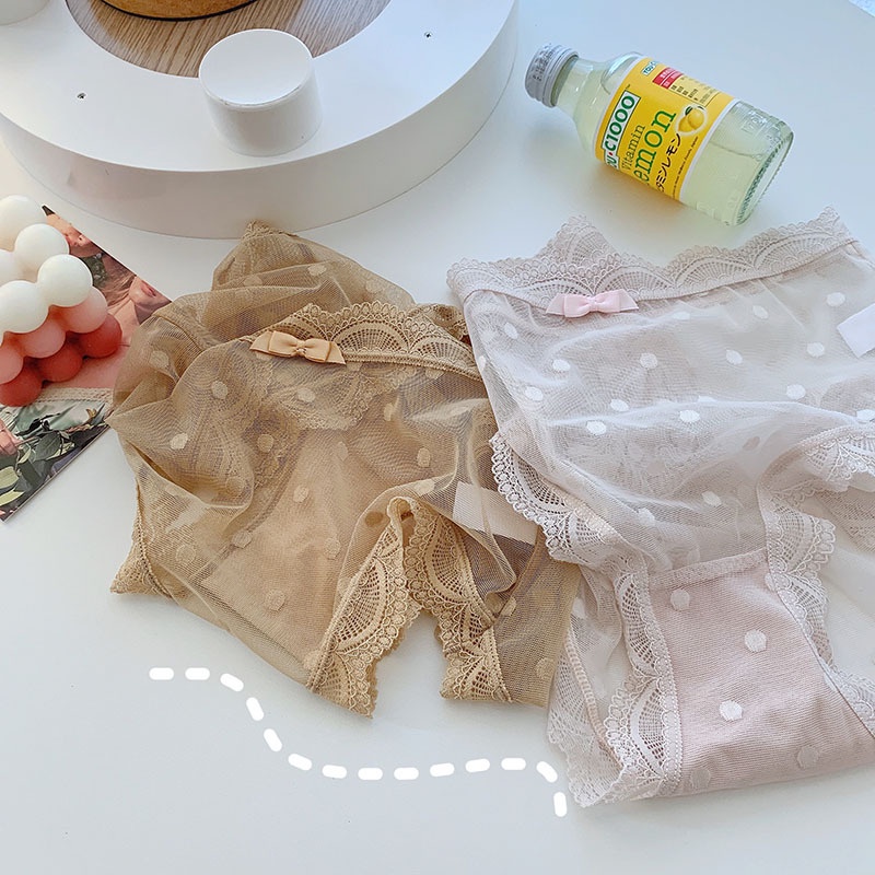Quần Lót Lưới Siêu Mỏng Lưng Cao Họa Tiết Chấm Bi Phong Cách Nhật Bản Cho Nữ