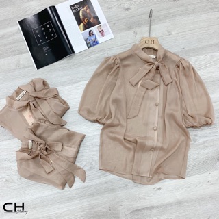ÁO SƠ MI NỮ NÂU ĐẤT CỔ NƠ KHUY BỌC