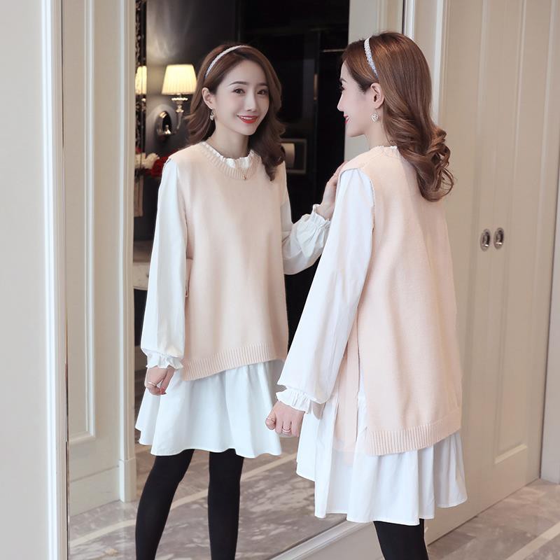 ♗♝✹Quần áo bà bầu kiểu dáng nước ngoài mùa thu ấm áp len dệt kim phù hợp với thời trang đông váy màu đỏ ròng